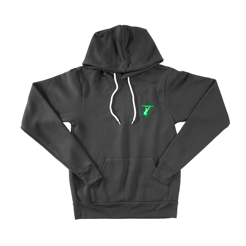 Front of black Glow On 'Em Hoodie is crafted with Glow in the Dark embroidery thread for a unique look. This unisex hoodie is constructed from durable fabric with ribbed cuffs and a waistband for improved fit and style, featuring side seam construction, a white cord drawstring, and kangaroo pockets  The signature CTR logo is on the back collar in 3D Puff. 