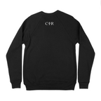Back of Black Glow On 'Em Sweatshirt with Glow in the Dark Embroidery Thread, Unisex Sizing, Ribbed Cuffs, and 3D Puff CTR Logo on Back Collar for a Unique and Comfortable Look.