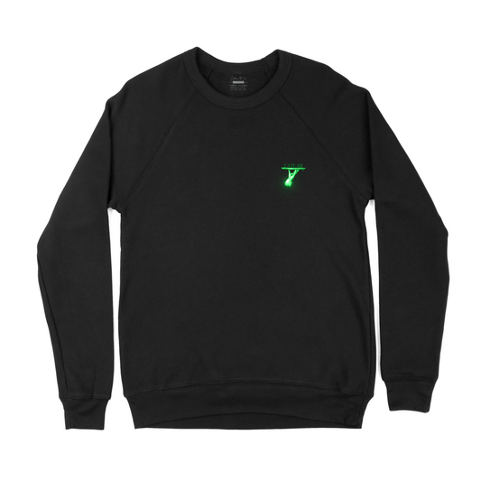 Front of Black Glow On 'Em Sweatshirt with Glow in the Dark Embroidery Thread, Unisex Sizing, Ribbed Cuffs, and 3D Puff CTR Logo on Back Collar for a Unique and Comfortable Look.