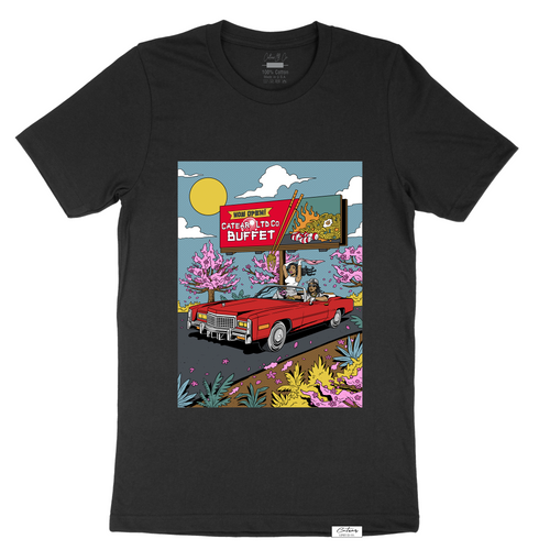 Unisex black color tee with hand-drawn design screen printed on the front, woven label on the bottom left 100% Cotton. Relaxed fit & great soft feel.