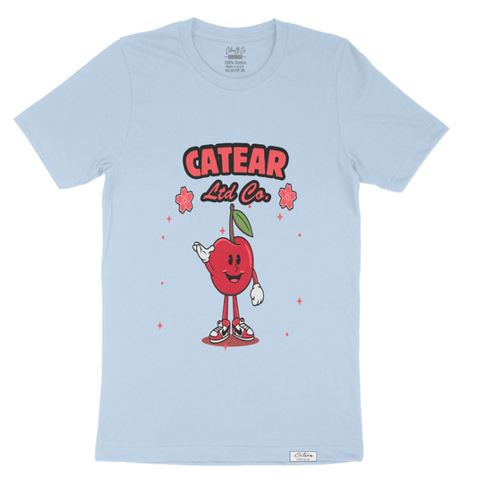 Unisex Baby Blue color tee with hand-drawn cherry mascot screen printed on the front, woven label on bottom left 100% Cotton. Relaxed fit & great feel.