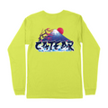 Unisex strobe color tee with sakura tree & mount fuji behind CATEAR brand name screen printed on front left chest and back, woven label on bottom left. Relaxed fit. Back View