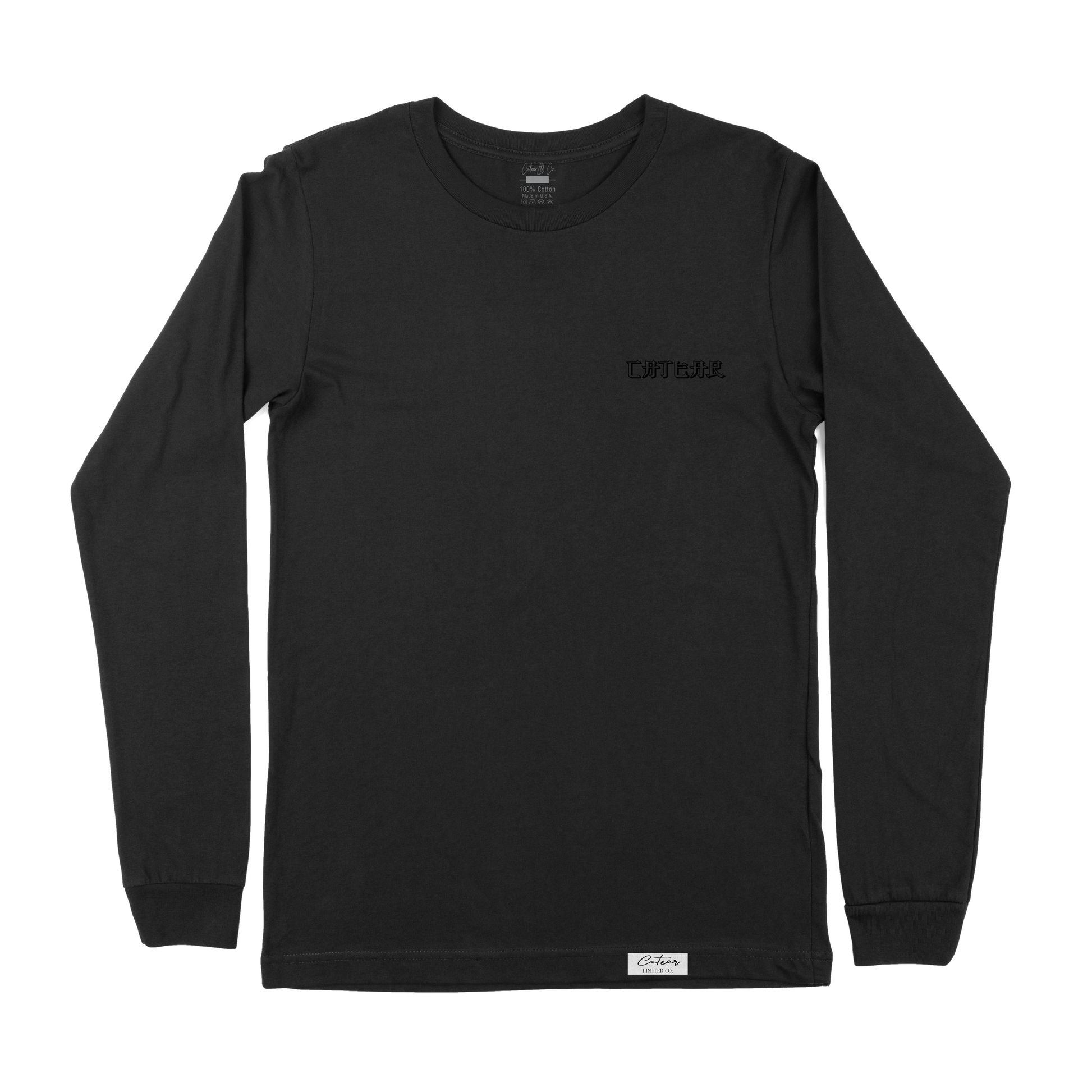 Unisex black color tee with sakura tree & mount fuji behind CATEAR brand name screen printed on front left chest and back, woven label on bottom left. Relaxed fit. Front View