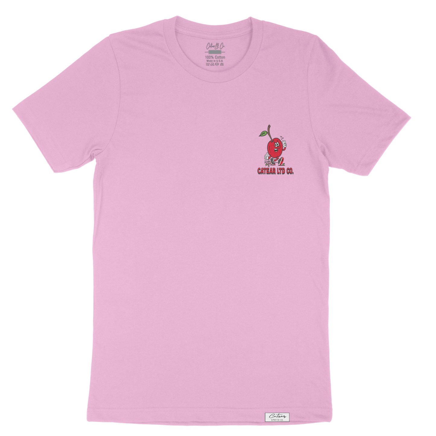 Unisex Lilac color tee with walking cherry & CATEAR brand name screen printed on the front left chest, woven label on bottom left. Relaxed Fit & great feel.