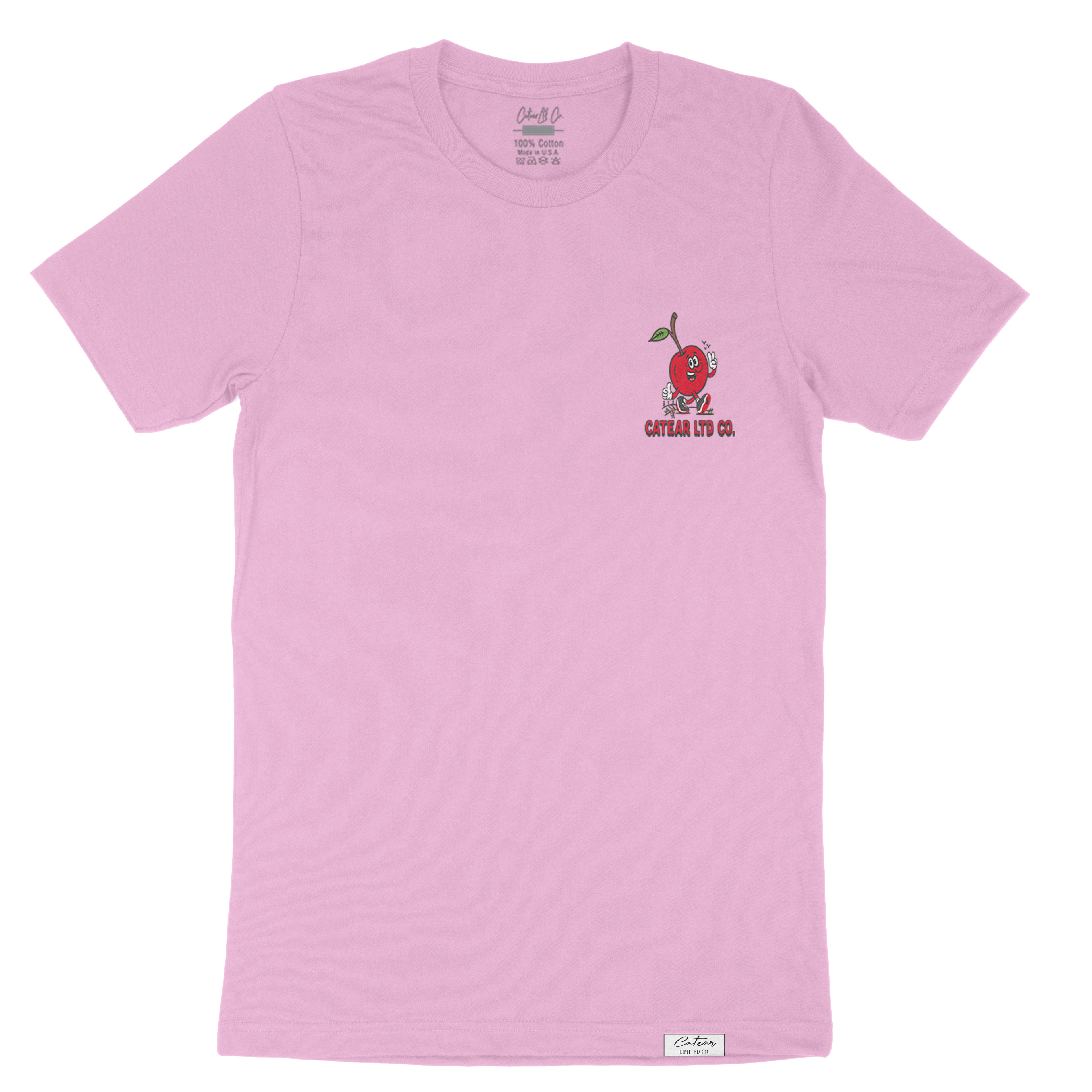 Unisex Lilac color tee with walking cherry & CATEAR brand name screen printed on the front left chest, woven label on bottom left. Relaxed Fit & great feel.