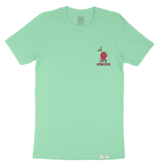 Unisex Mint color tee with walking cherry & CATEAR brand name screen printed on the front left chest, woven label on bottom left. Relaxed Fit & great feel.